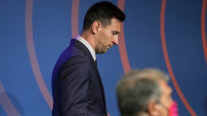 Leo Messi, durante la rueda de prensa de su despedido del Barcelona, en agosto de 2021.