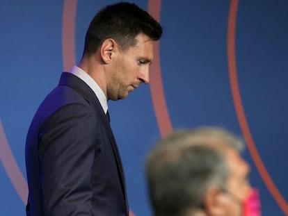 Leo Messi, durante la rueda de prensa de su despedido del Barcelona, en agosto de 2021.