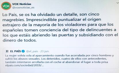 Mensaje enviado por Vox Noticias en referencia a una información de EL PAÍS.