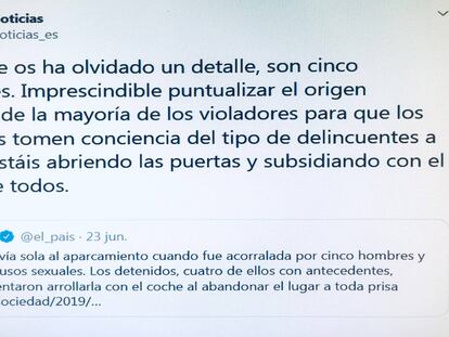 Mensaje enviado por Vox Noticias en referencia a una información de EL PAÍS.