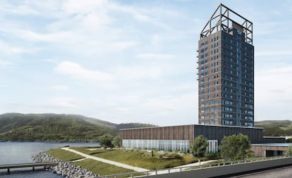 El edificio Mjøstårnet, con estructura de madera, en la ciudad de Brumunddal (Noruega).