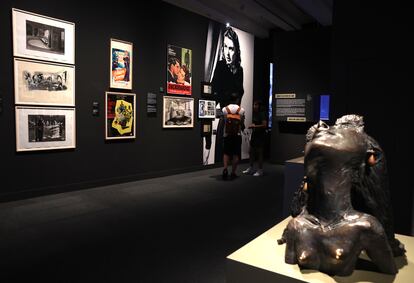 Part of the exhibition focuses on spies, with the bust 'Extase' (2020), by Nina Childress, which pays homage to Hedy Lamarr, in the foreground.