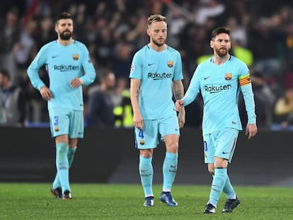 Messi, Rakitic y Piqué, en el Olímpico de Roma.