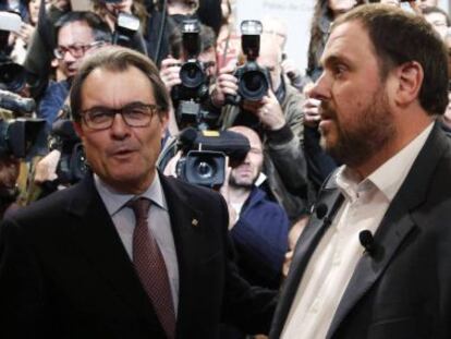 Oriol Junqueras i Artur Mas, dimarts, abans de la conferència que va fer el líder d'ERC.