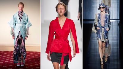 Kimono

La prenda tradicional de Japón se ha colado en varias firmas en formato chaqueta, como Hussein Chalayan (en medio) o en batín, como Armani (dcha). La propuesta de Natasha Zinko para la primavera (izq.) pasa por vestir a las mujeres de geishas de arriba a abajo.