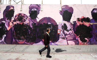 A feminist mural in the Madrid district of Ciudad Lineal vandalized on International Women’s Day.