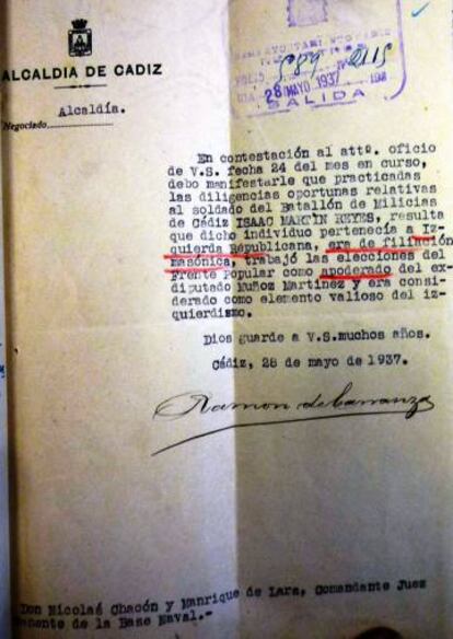 Firma de Ramón de Carranza en un informe incriminatorio contra un republicano durante el Franquismo.