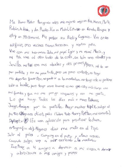 Carta de Mateo, un niño de ocho años de Madrid, para la serie 'La Experiencia Personal'.