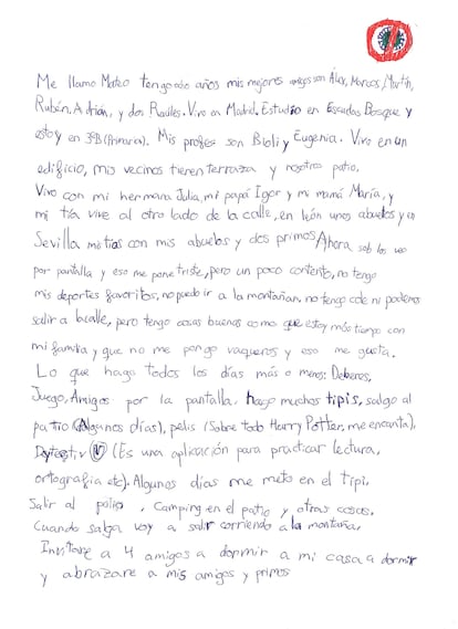 Carta de Mateo, un niño de ocho años de Madrid, para la serie 'La Experiencia Personal'.