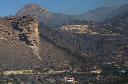 Casas cerca de una tierra quemada, mientras un incendio forestal arde cerca de Ierapetra, este jueves.