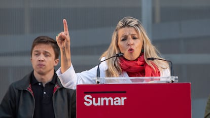 Yolanda Díaz e Íñigo Errejón, en un acto junto al portavoz de Sumar.