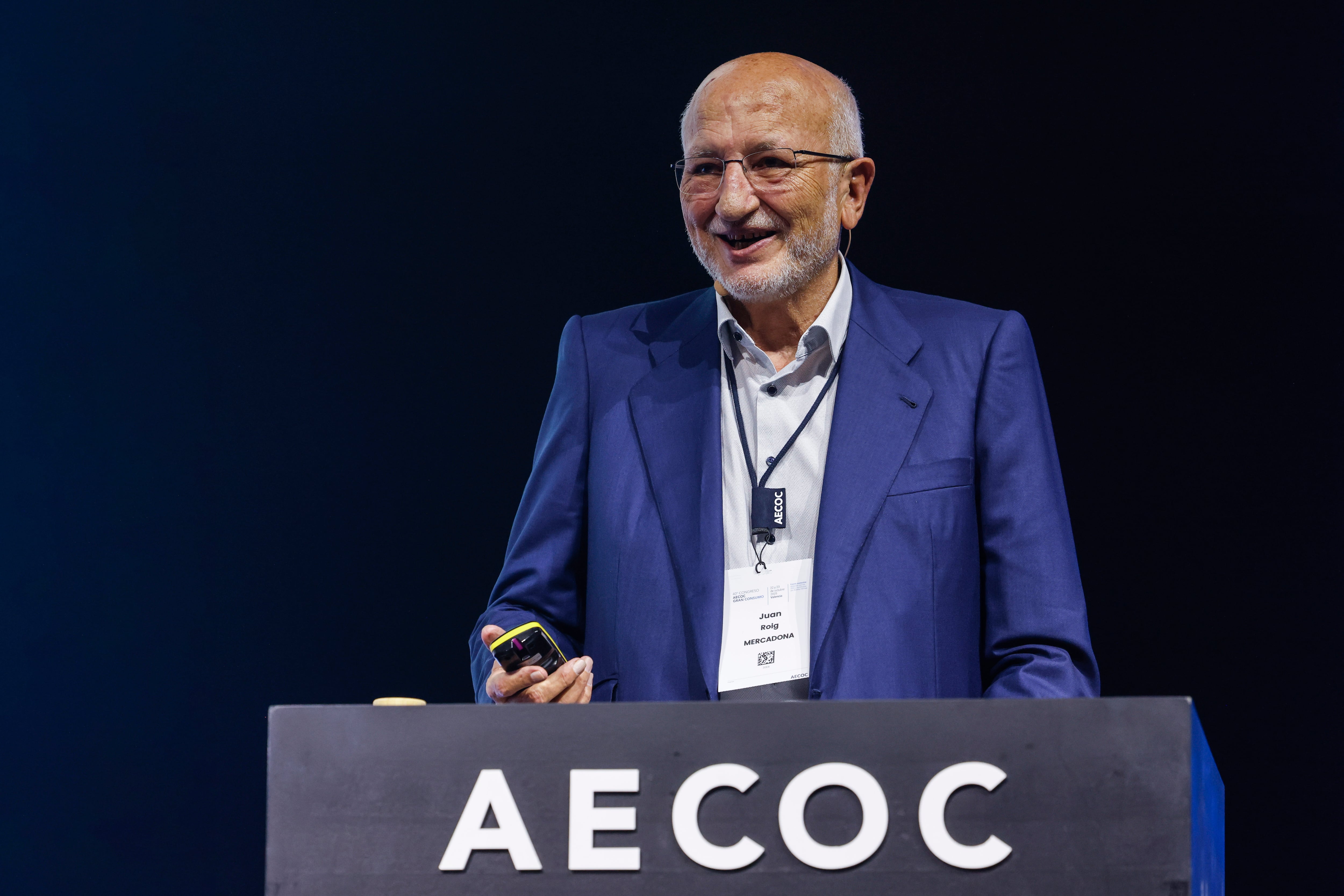 El presidente de Mercadona, Juan Roig, durante el congreso de la asociación de fabricantes y distribuidores AECOC, en el Roig Arena, Valencia.