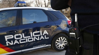 Un agente y un coche patrulla de la Policía Nacional, en febrero.