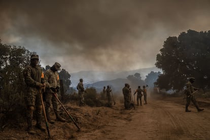 Elementos del Ejército implementan el plan DN-III para sofocar el siniestro en la zona del ejido Guadalajara en Tecate.