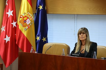 Begoña Gómez, durante su comparecencia en la Asamblea de Madrid. 