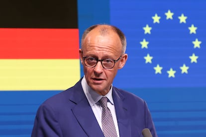 El canciller alemán, Friedrich Merz, el pasado viernes en una rueda de prensa en Bruselas. 