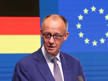 El canciller alemán, Friedrich Merz, el pasado viernes en una rueda de prensa en Bruselas.
