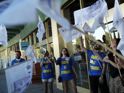 Ryanair workers demonstrate at Adolfo Suarez Barajas airport in Madrid.