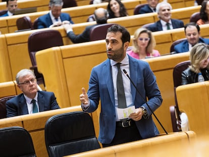 El ministro de Economía, Comercio y Empresa, Carlos Cuerpo, interviene durante una sesión plenaria en el Senado, el 20 de febrero.