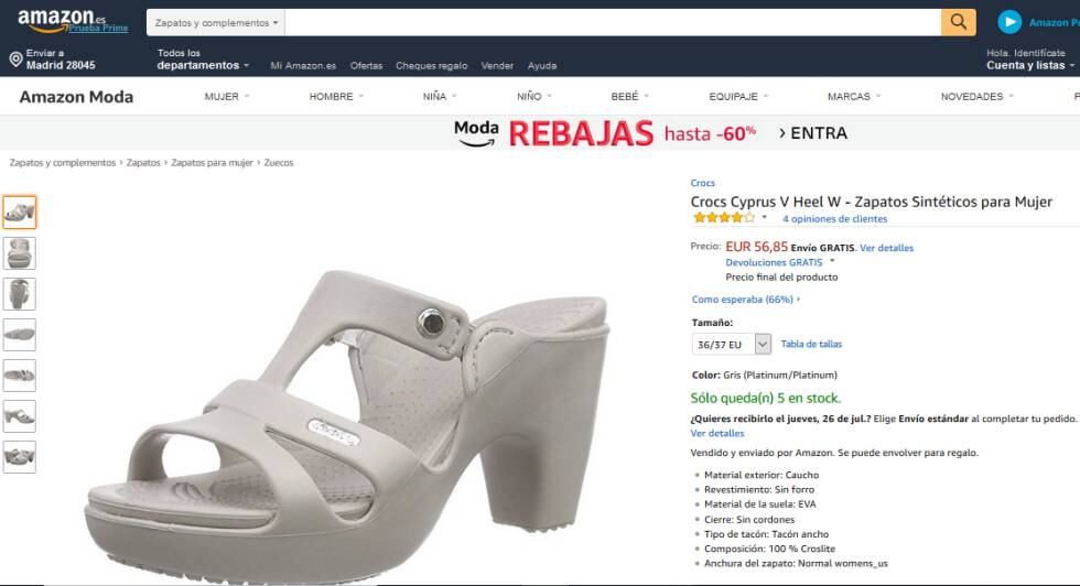 Página de Amazon España en la que están disponibles varios modelos de la sandalia con tacón de Crocs.