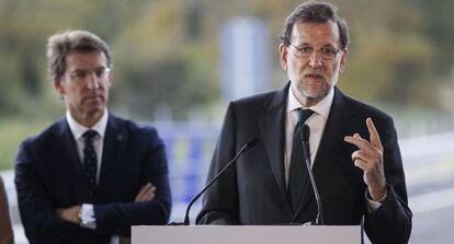 El president del Govern espanyol, Mariano Rajoy, aquest dimarts en la inauguració d'un nou tram de l'A-54 a Galícia.