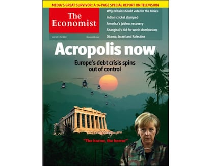 Grecia ha inspirado algunas de las portadas más recordadas de los últimos años. Esta se publicó el 1 de mayo de 2010, mezclando a la canciller alemana, los problemas helenos y la icónica película bélica 'Apocalypse now'.