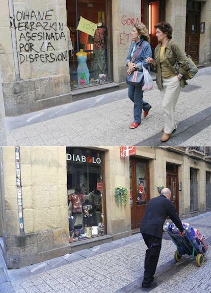 Pintadas por la muerte de la presunta miembro de ETA Oihane Errazkin, quien se suicidó en la prisión francesa de Fleury-Merogis, en la calle Fermín Calvetón de la parte Vieja de San Sebastián en 2004. Abajo, en la actualidad.