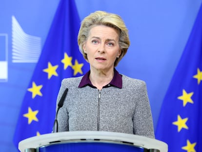 La presidenta de la Comisión, Von Der Leyen, durante una rueda de prensa en Bruselas la semana pasada.