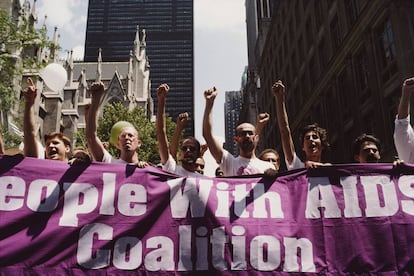 Manifestación en defensa de los derechos de los enfermos del sida en Nueva York, 1986