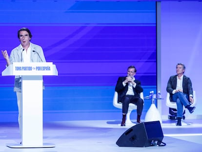 El expresidente del Gobierno, José María Aznar, interviene durante el XXI Congreso Nacional del Partido Popular, este viernes en Madrid.