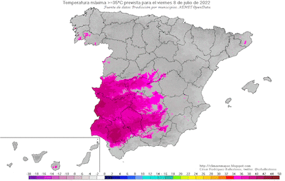 Así se va extendiendo por España la mancha de los 35° y más de este viernes al próximo.