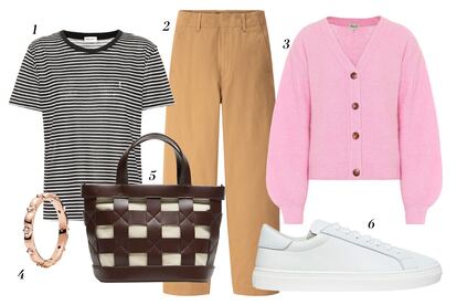 1. Saint Laurent Camiseta de manga corta 2. Uniqlo Pantalón de la colección de Chritophe Lemaire 3. Baum und Pferdgarten Cárdigan 4. Pandora Anillo 5. Cortefiel Bolso tipo cesta 6. 8 by Yoox Zapatillas básicas.