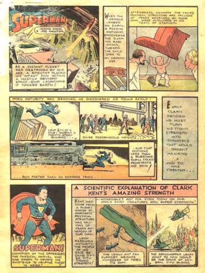La primera página de la historieta debut de Superman explica el origen del personaje sin nombrar Kripton.