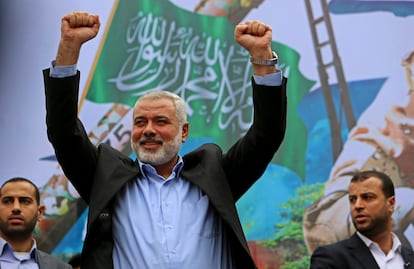 Ismail Haniya en un acto en Jabalia, en la Franja, con motivo del 27º aniversario de Hamás, el 12 de diciembre de 2014.
