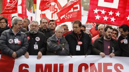 Los líderes de UGT, Méndez, y CC OO, Toxo, en la cabecera de la marcha.