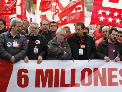 Los líderes de UGT, Méndez, y CC OO, Toxo, en la cabecera de la marcha.