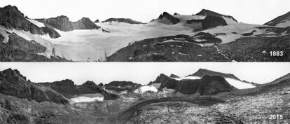 Dos fotos del glaciar Lyell en Yosemite, California, que muestran cómo el hielo se derritió en un lapso de 132 años.