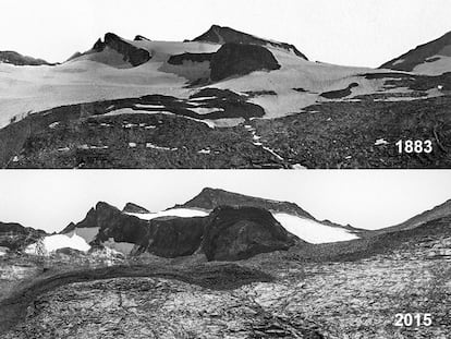 Dos fotos del glaciar Lyell en Yosemite, California, que muestran cómo el hielo se derritió en un lapso de 132 años.