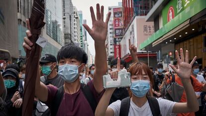 Protesters demonstrate against the national security law in Hong Kong.