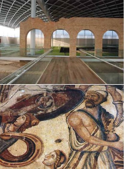 Interior de las instalaciones del nuevo museo palentino, con zonas elevadas en el recorrido. Debajo, detalle de un mosaico del siglo IV.