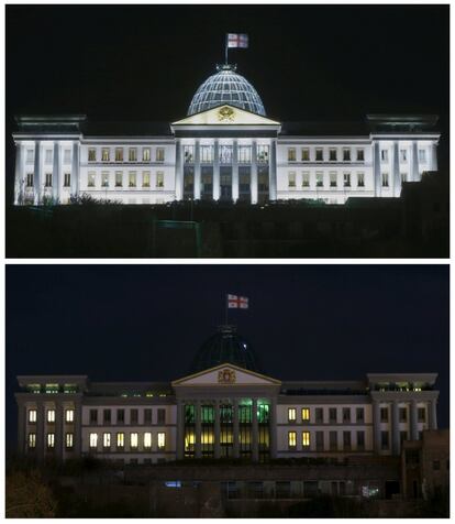 Vista del Palacio Presidencial encendido y apagado. Hora de la Tierra en Tbilisi, Georgia, 19 de marzo de 2016.