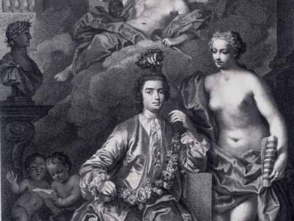 El soprano Farinelli, coronado por la musa Euterpe, en un grabado del libro 'La real biblioteca pública 1711-1760, de Felipe V a Fernando VI'.