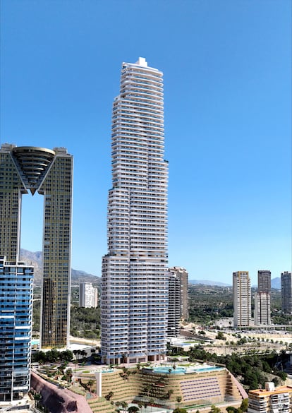 Recreación del futuro skyline de Benidorm, coon la TM Tower en primer término y en segundo el edificio Intempo, con forma de T