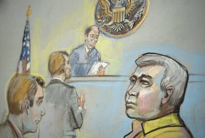 Boceto judicial de Edgar Veytia durante la audiencia en San Diego.