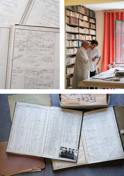 Top left, snapshots of the forged baptism certificates belonging to the Saporta family; top right, Claretian priest, Carlos Tobes and historian Santiago López, look at the only photograph showing the forgers of God together; below, a record of the certificates.