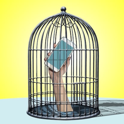 Woman's hand with smartphone inside a birdcage.Concept of Digital Detox