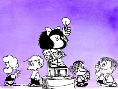 Mafalda é uma menina que não se cala nunca, mas o que a torna uma feminista é que acima de tudo acredita na equidade.