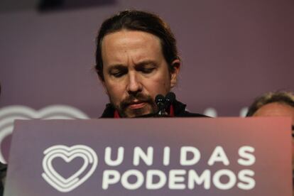 El secretario general de Unidas Podemos, Pablo Iglesias, durante su comparecencia ante los medios de comunicación para analizar los resultados en las elecciones.