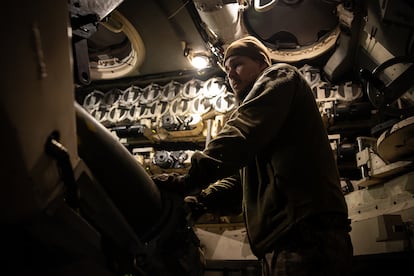 Yehor Vlasov, a gunner of the 26th Brigade of the Armed Forces of Ukraine, fires a shell at Russian troops trying to advance on the Chasiv Yar front, Monday.