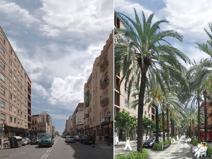La avenida del Mediterráneo con su aspecto actual (a la derecha) y tras la figuración presentada por los socialistas, con un bulevar con palmeras.